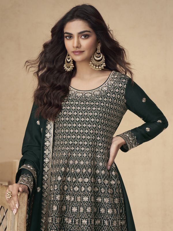 Dark Green Zari Embellished Palazzo Style Suit Set