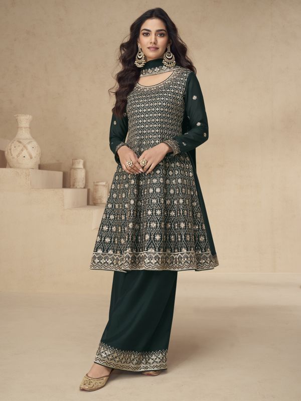 Dark Green Zari Embellished Palazzo Style Suit Set