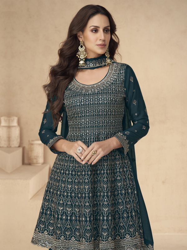 Blue Sequins Enhanced Palazzo Suit With Full Sleeves