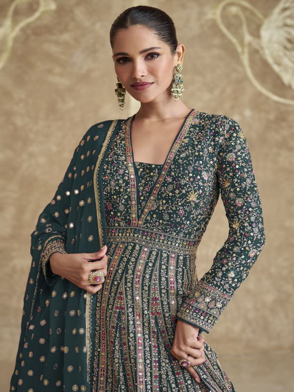 Green Embroidered Salwar Suit With Anarkali Kameez