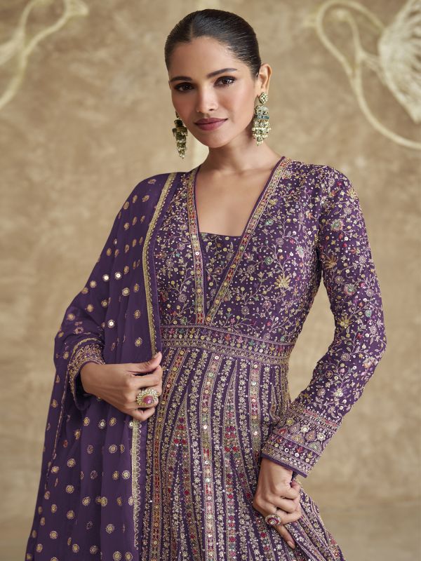 Dark Purple Georgette Anarkali Suit With Dupatta