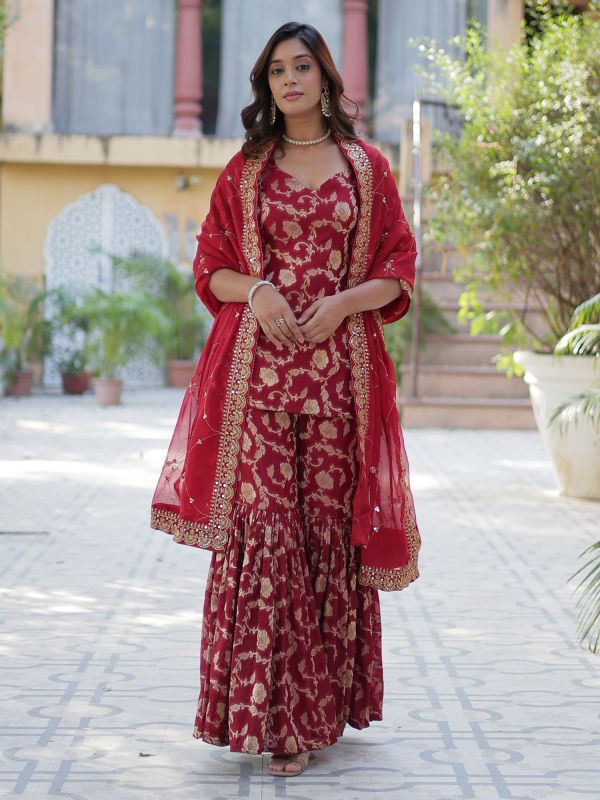 Red Casual Wear Readymade Salwar Kameez