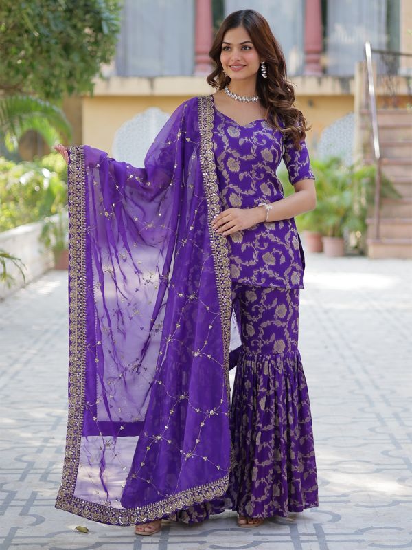 Purple Sharara Style Readymade Suit Set