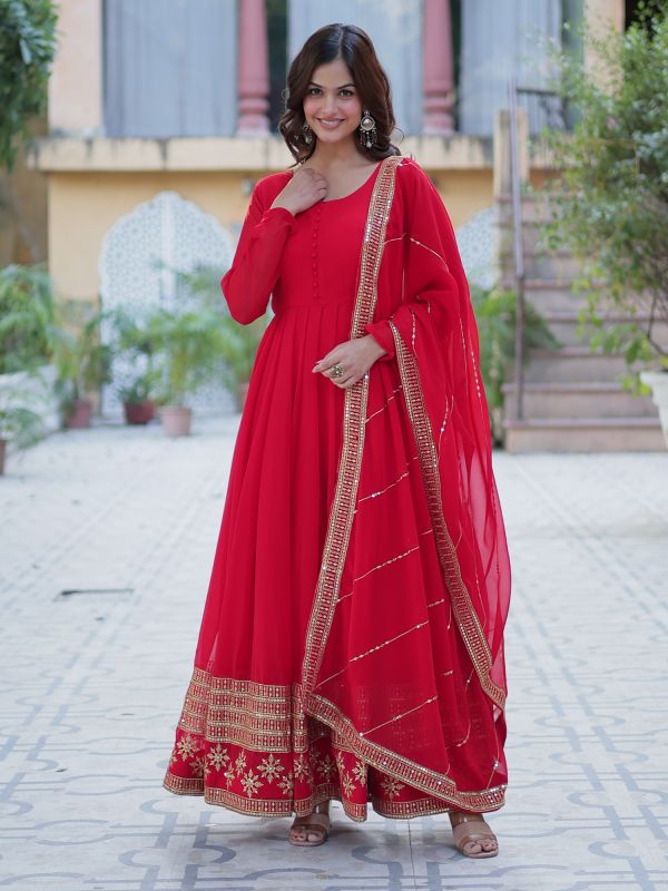 Red Readymade Salwar Suit With Dupatta In Georgette