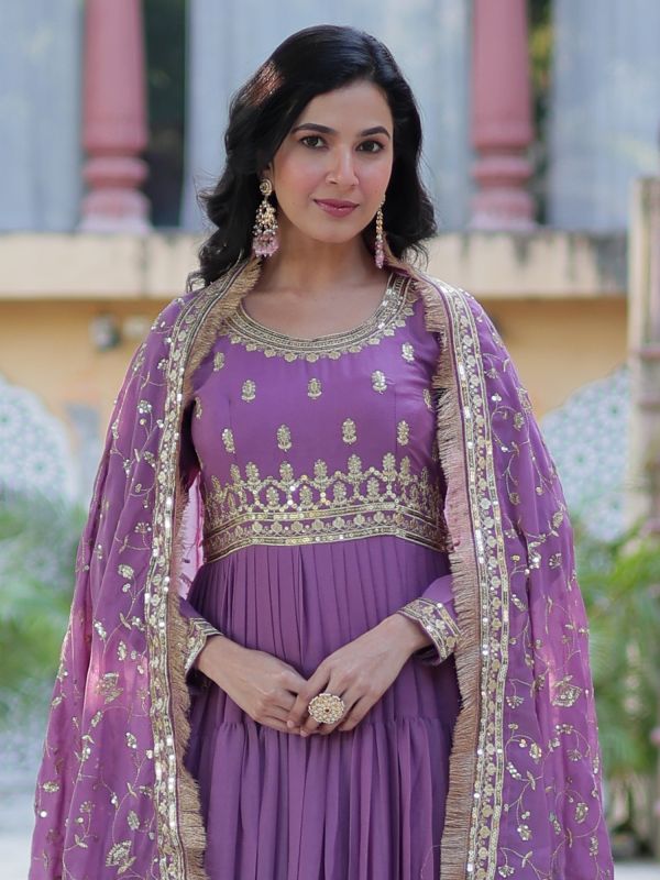 Purple Readymade Anarkali Suit In Ruffle Style