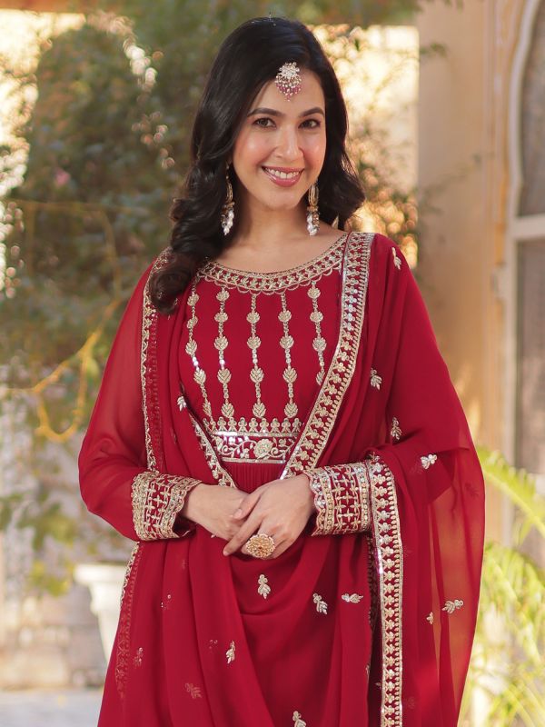 Crimson Red Zari Embellished Readymade Anarkali Suit