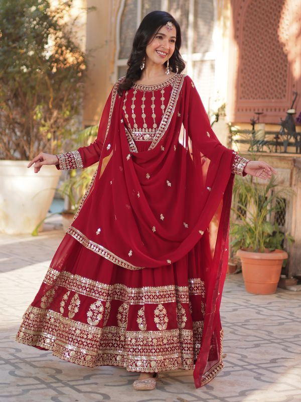 Crimson Red Zari Embellished Readymade Anarkali Suit