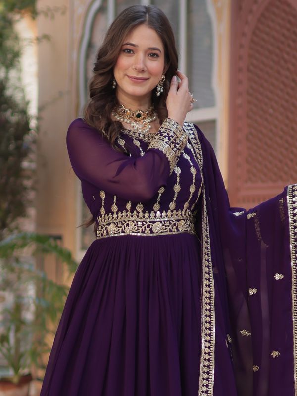 Purple Readymade Anarkali Kameez With Full Sleeves