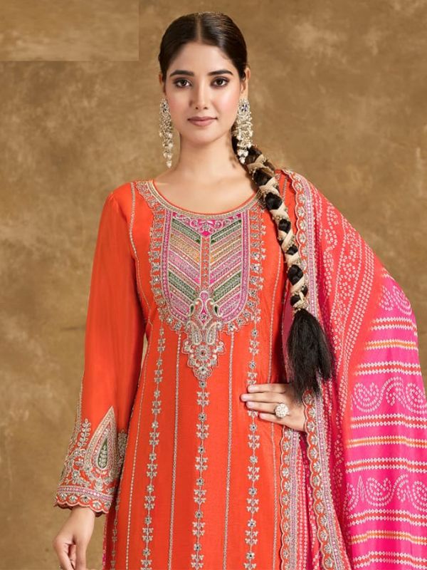 Orange Bandhej Printed Salwar Kameez In Pant Style