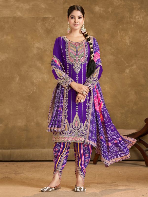 Purple Mirror Embellished Salwar Suit With Printed Dupatta