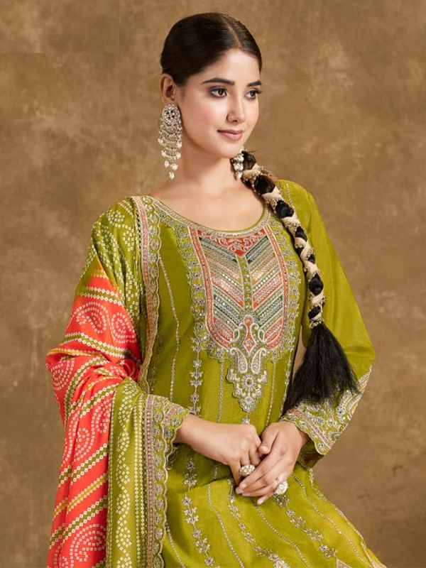 Green Chinon Silk Festive Salwar Kameez In Print