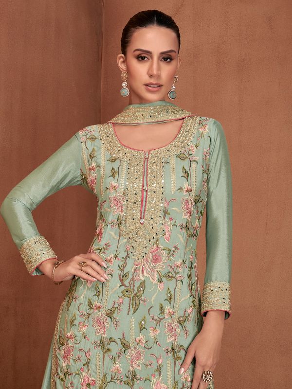 Green Mirror Work Palazzo Suit With Long Kameez