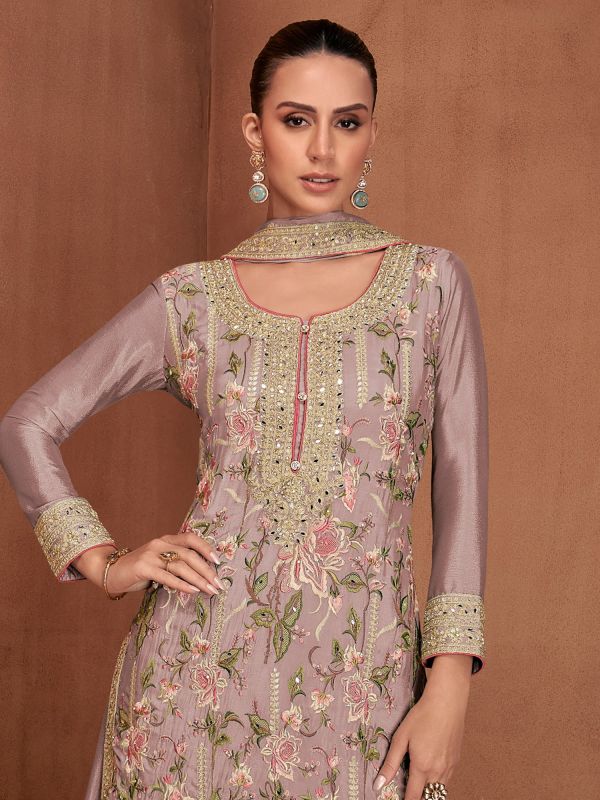 Mauve Floral Thread Augmented Palazzo Suit In Silk