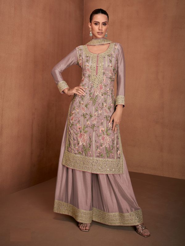 Mauve Floral Thread Augmented Palazzo Suit In Silk