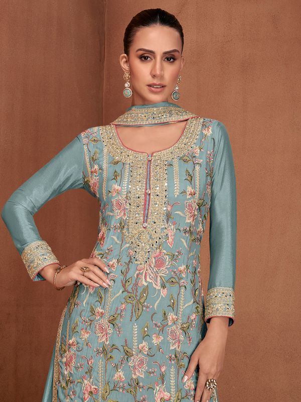 Blue Embroidered Salwar Suit In Palazzo Style