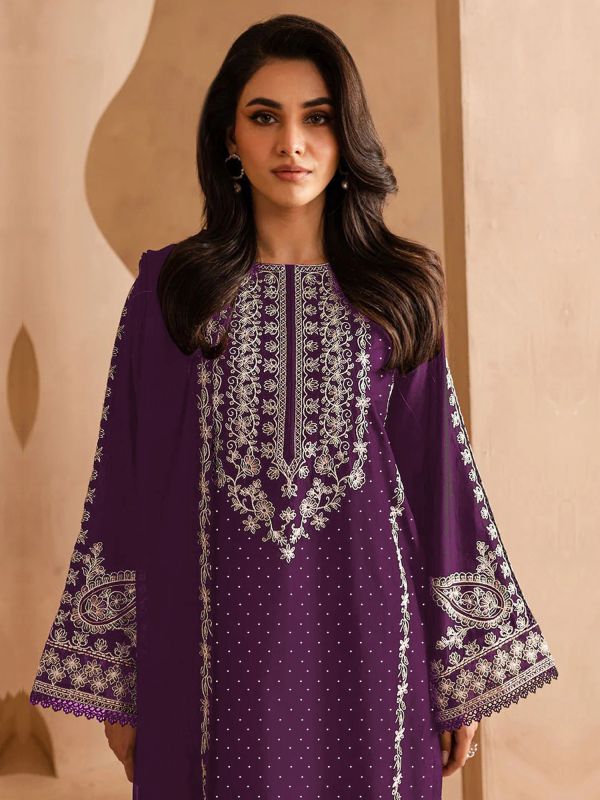 Wine Embroidered Pant Style Salwar Kameez