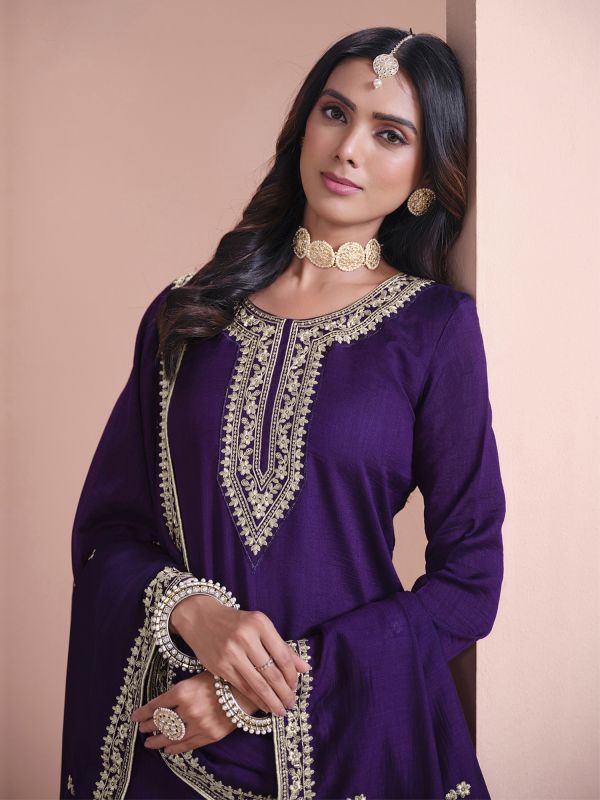 Dark Purple Sequins Work Salwar Kameez In Silk