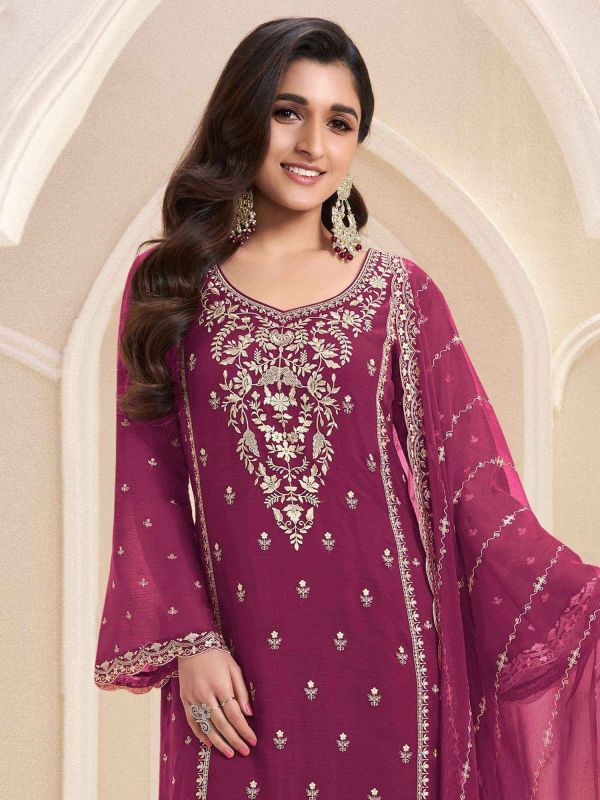 Wine Pakistani Style Salwar Suits In Chiffon