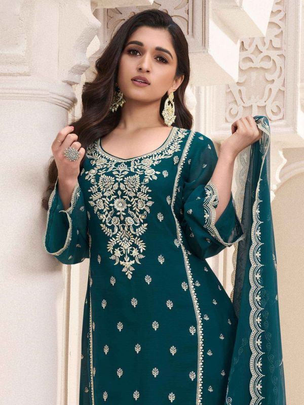 Teal Blue Festive Salwar Kameez In Floral Work