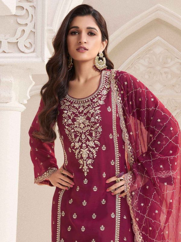 Red Chiffon Palazzo Suit With Long Kameez