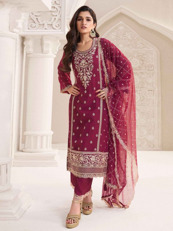 Red Chiffon Palazzo Suit With Long Kameez