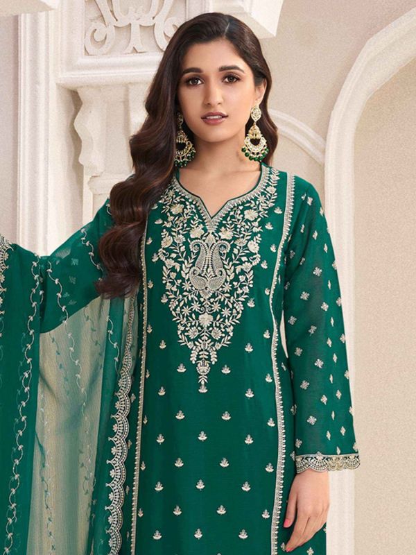 Green Straight Cut Salwar Kameez In Weaving