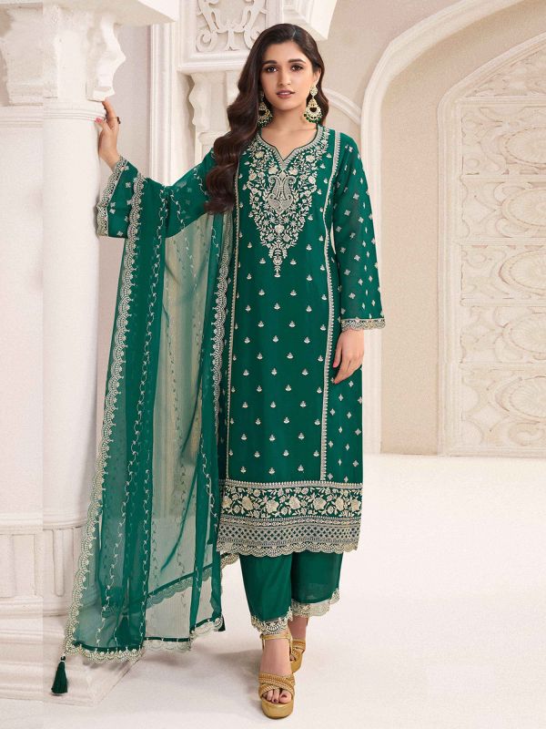 Green Straight Cut Salwar Kameez In Weaving