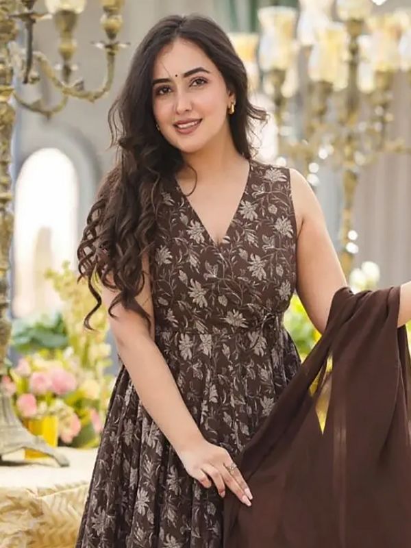 Brown Palazzo Suit With Anarkali Kameez In Print