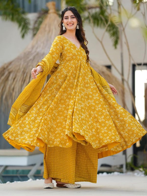 Yellow Anarkali Suit Set In Muslin With Palazzo