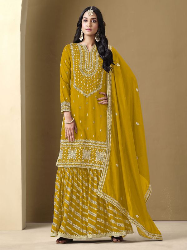 Yellow Sequins Enhanced Sharara Style Suit