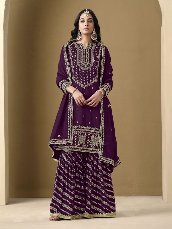 Deep Purple Casual Sharara Suit In Sequins Work