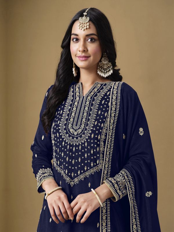 Navy Blue Sharara Style Suit With Dupatta In Silk