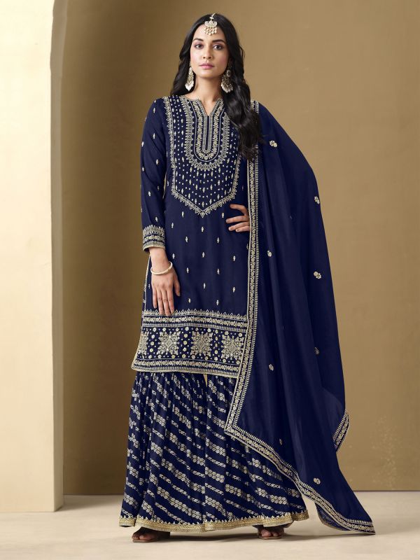 Navy Blue Sharara Style Suit With Dupatta In Silk