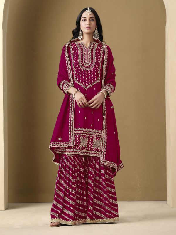 Magenta Art Silk Salwar Kameez In Sharara Style