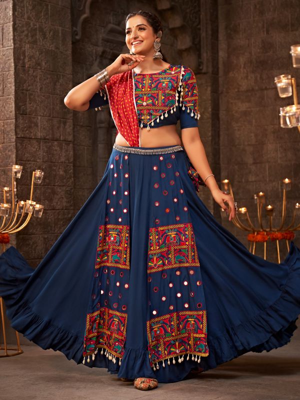 Blue Mirror Embroidered Chaniya Choli In Rayon