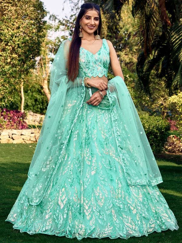 Turquoise Heavy Sequins Embroidered Lehenga Choli In Net
