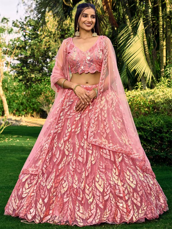 Dark Pink Net Lehenga Choli In Sequins Embellishments