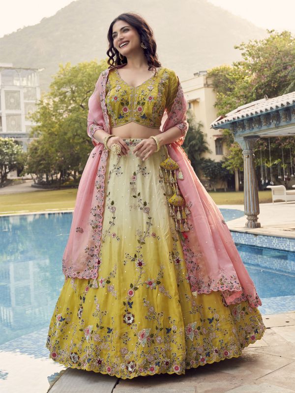 Yellow Ombre Shaded Floral Embroidered Lehenga Choli 