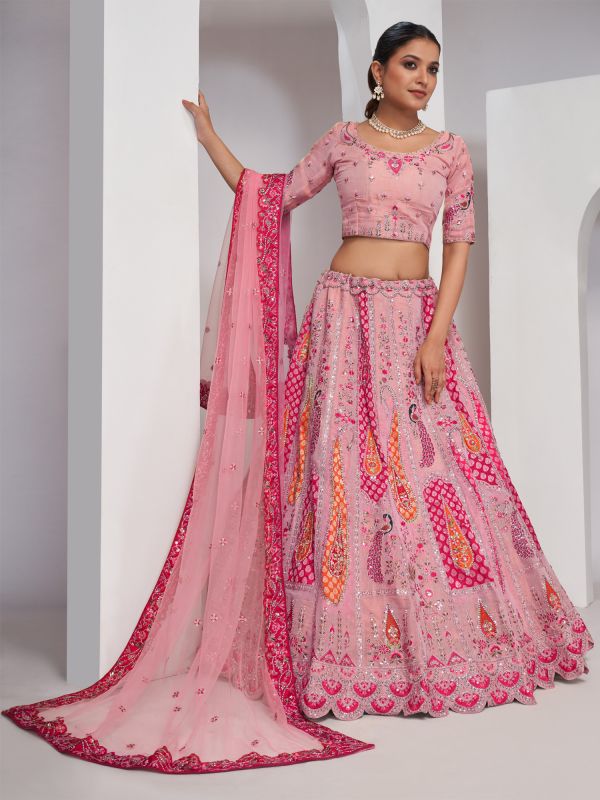 Rose Pink Traditional Bridal Lehenga Choli In Silk