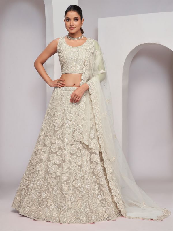 Ivory White Net Lehenga Choli In Stone Work