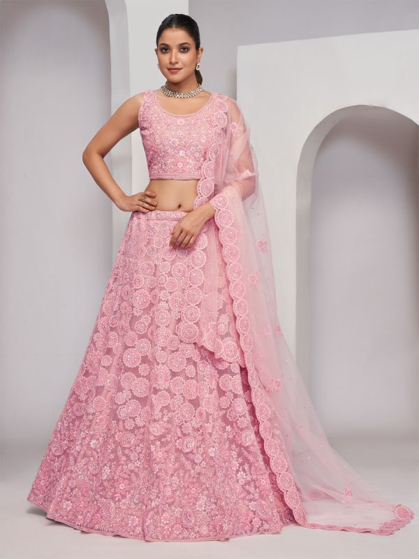 Baby Pink Wedding Wear Lehenga Choli In Net