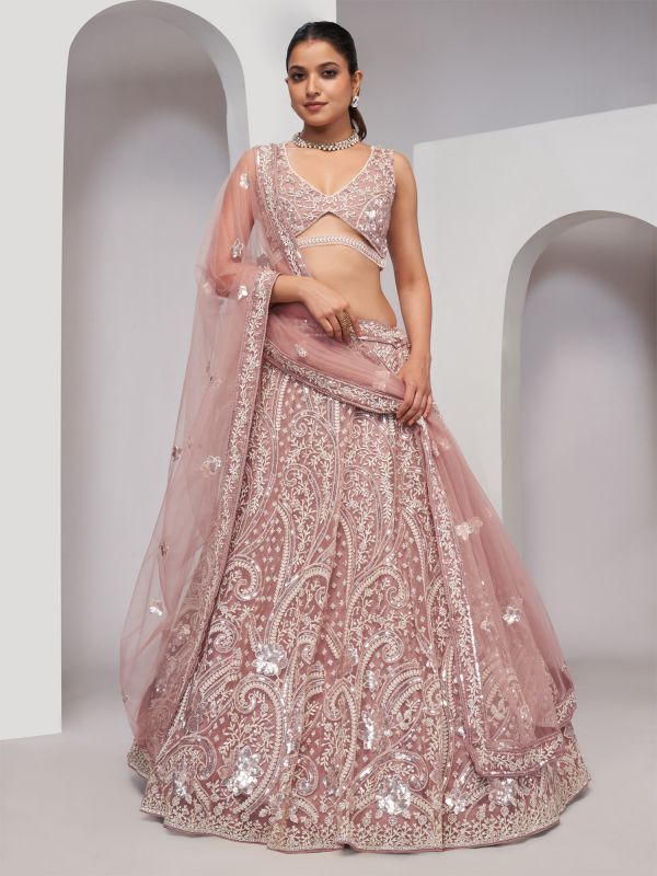 Mauve Embroidered Wedding Lehenga Choli