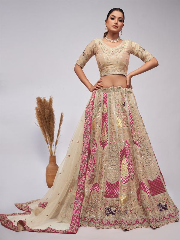 Beige Zari Embroidered Traditional Lehenga Choli