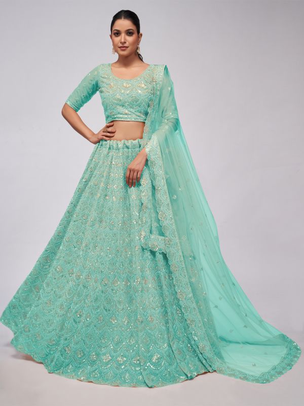 Sea Green Net Lehenga Choli In Sequins Work