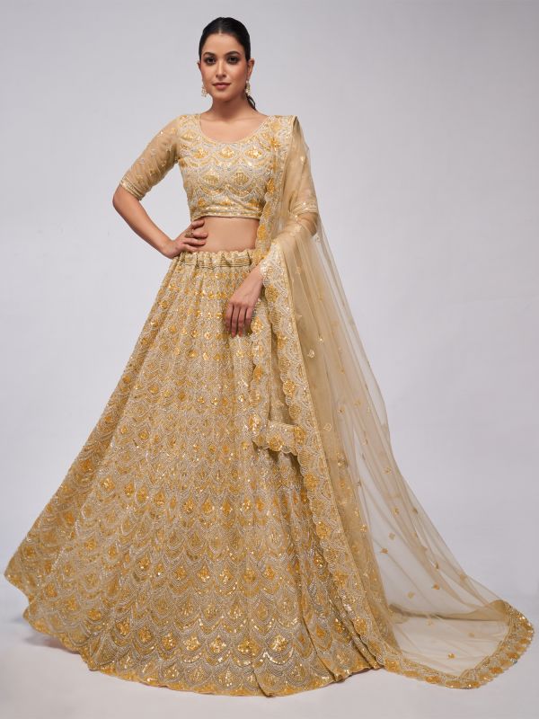 Golden Net Lehenga Choli In Stone Embellishment