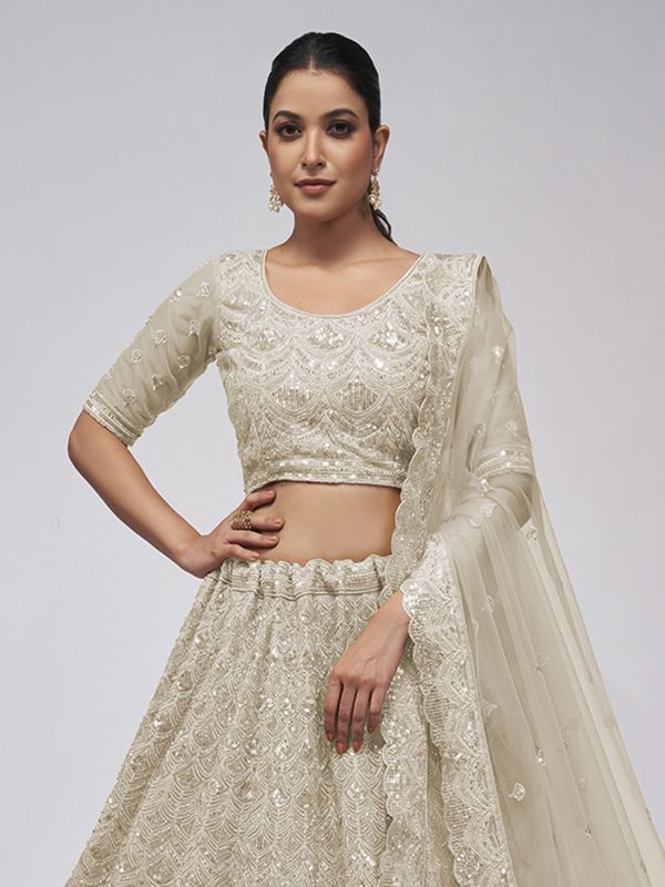 Cream Party Wear Lehenga Choli With Dupatta