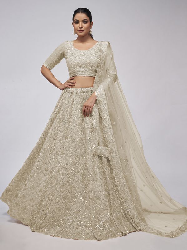 Cream Party Wear Lehenga Choli With Dupatta