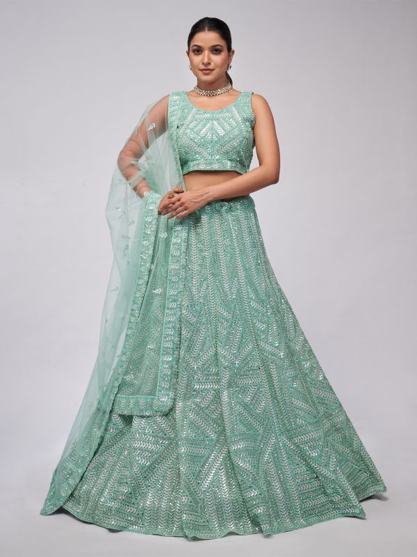 Turquoise Net Lehenga Choli In Stone Work