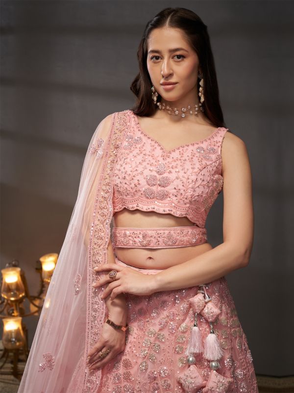 Pink Sequins Embroidered Lehenga Choli In Net