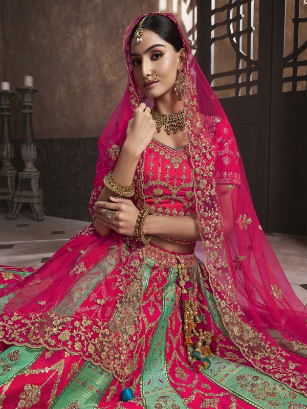 Green & Pink Silk Zari Enhanced Wedding Lehenga Choli
